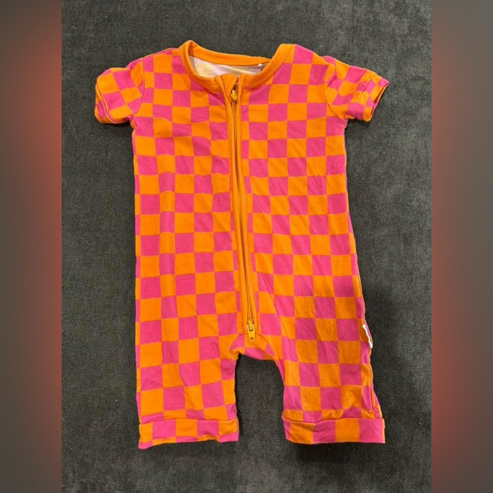Gigi and Max Orange and Pink Checkered bamboo romper